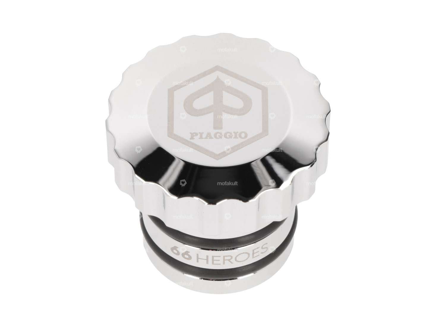 66HEROES Tank cap "Piaggio" corrugated chrome | Piaggio Ciao, Bravo Carousel Image 1